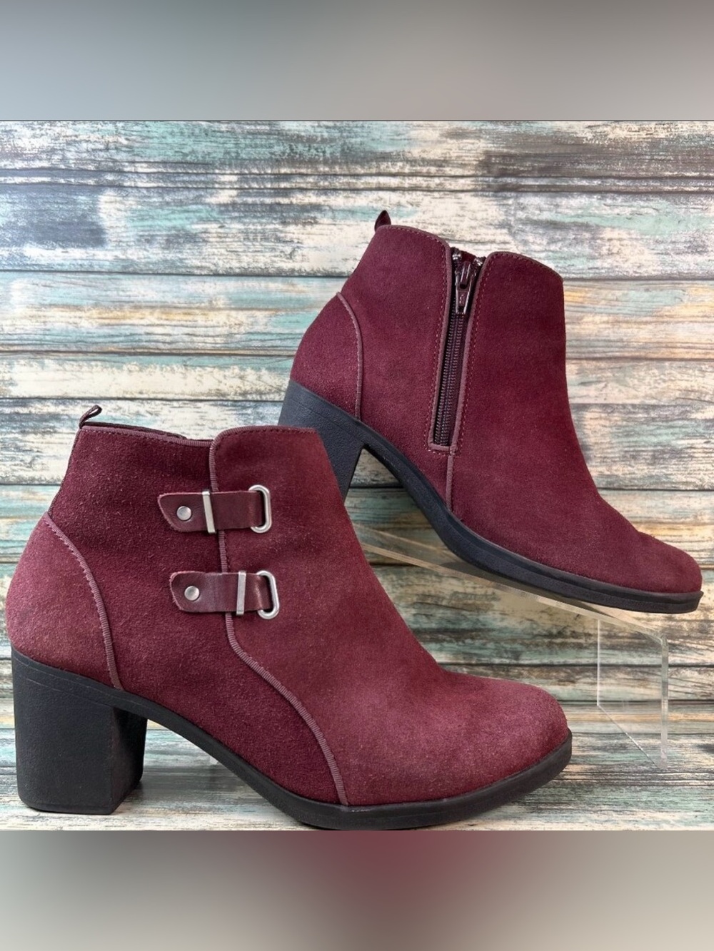 Clarks Boots Size 8M Burgundy Suede Ankle Zip Comfort Block Heel Dress Workwear
